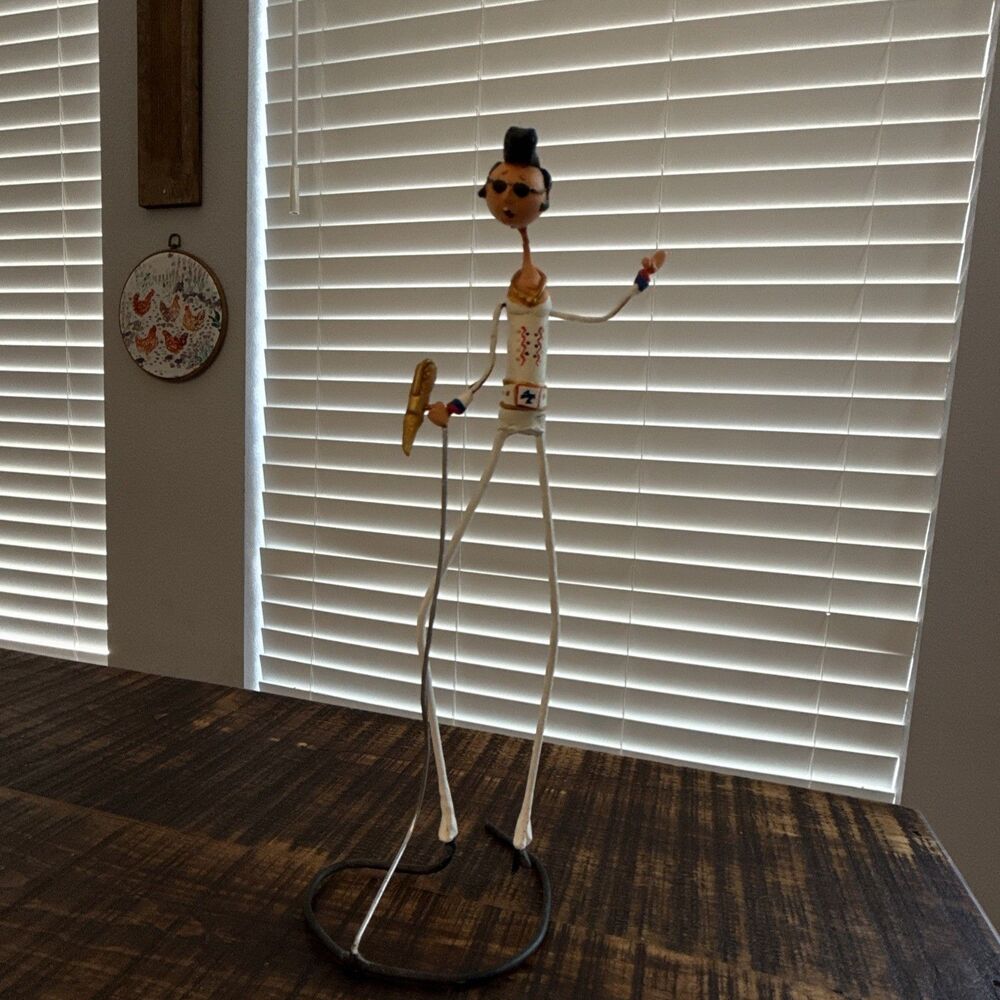 Vintage Elvis Presley Folk Art Metal Sculpture 14” Tall Gold Microphone Figure